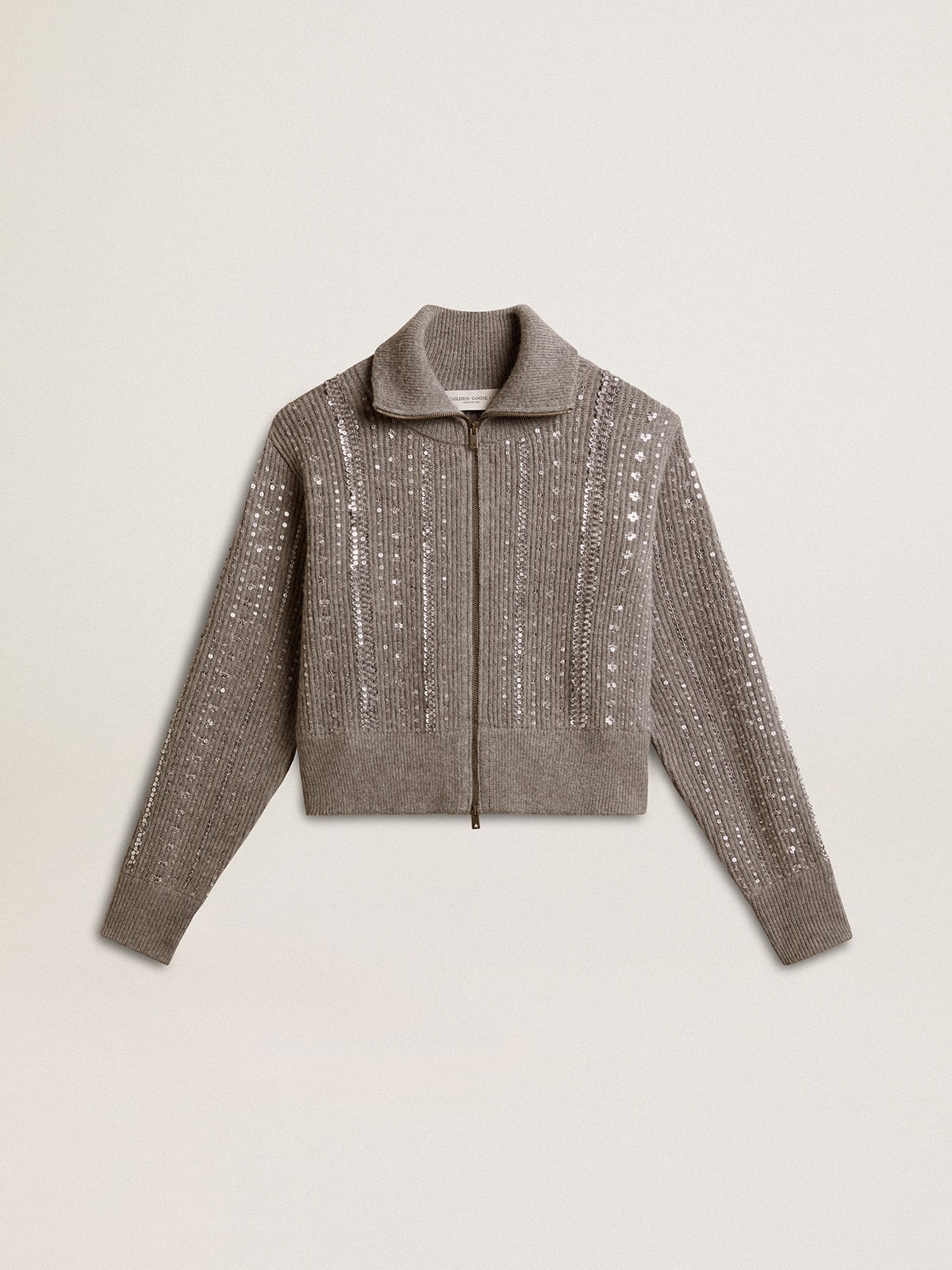 Women's cropped sweater in gray melange wool with sequins - Golden Goose Women