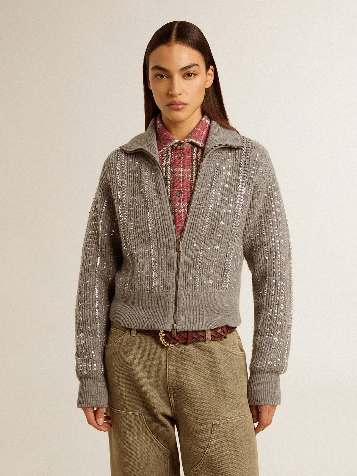 Women's cropped sweater in gray melange wool with sequins - Golden Goose Women