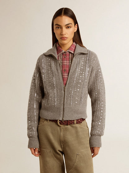 Women's cropped sweater in gray melange wool with sequins - Golden Goose Women