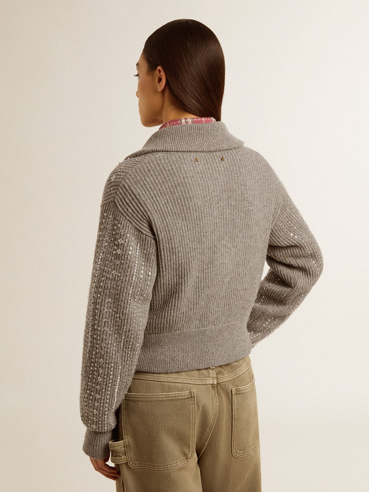 Women's cropped sweater in gray melange wool with sequins - Golden Goose Women