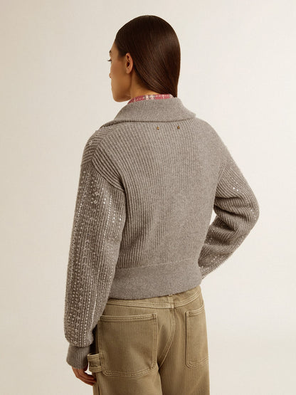 Women's cropped sweater in gray melange wool with sequins - Golden Goose Women