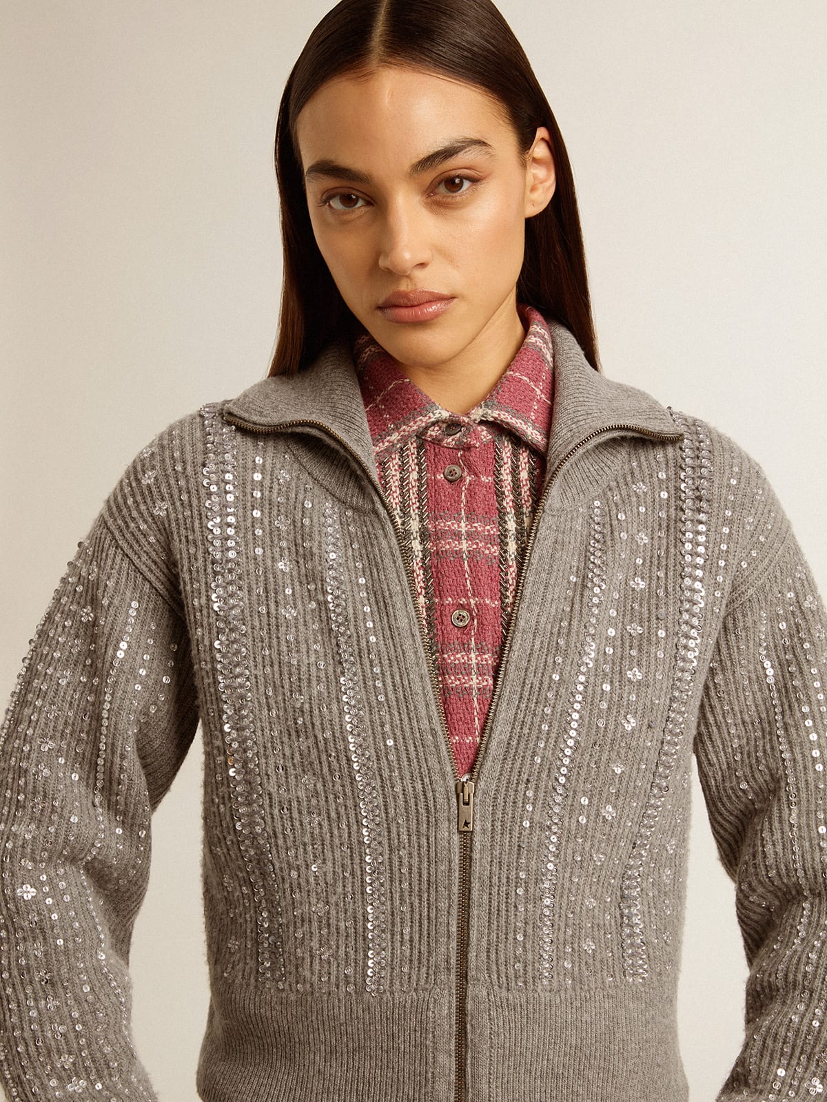 Women's cropped sweater in gray melange wool with sequins - Golden Goose Women