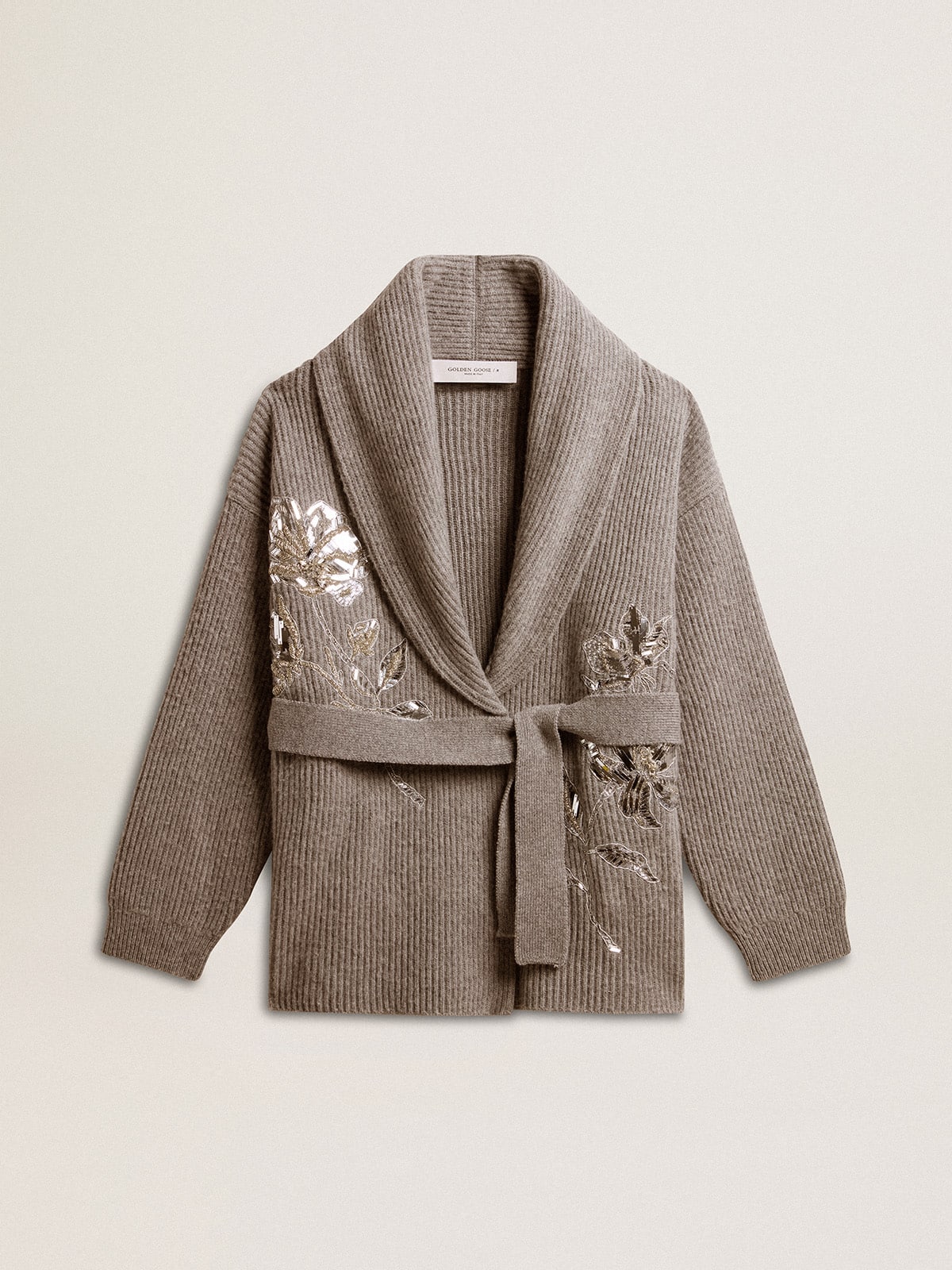 Women's cardigan in gray melange wool with embroidery on the front - Golden Goose Women
