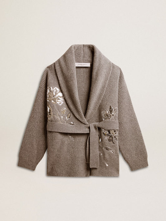 Women's cardigan in gray melange wool with embroidery on the front - Golden Goose Women