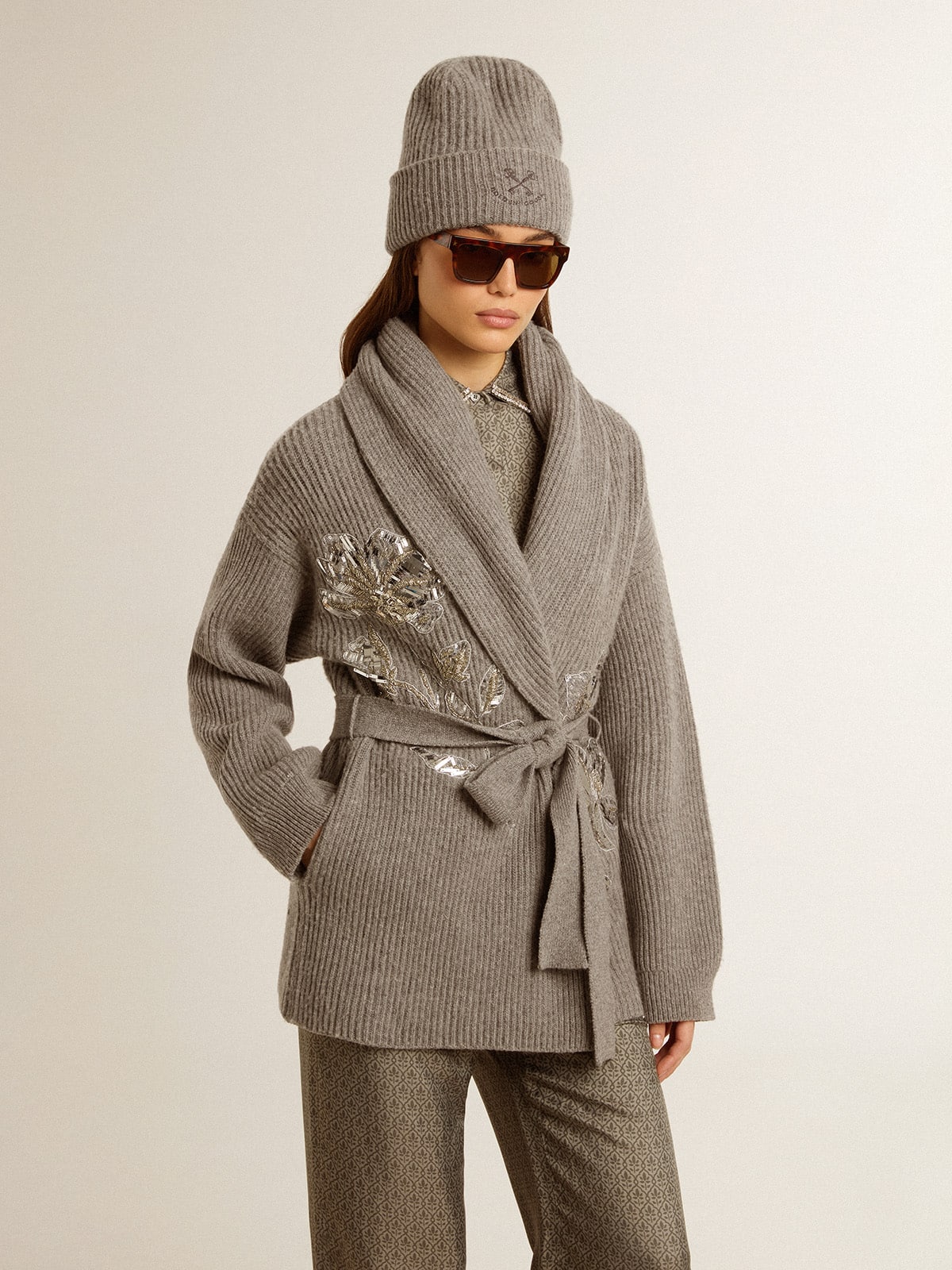 Women's cardigan in gray melange wool with embroidery on the front - Golden Goose Women