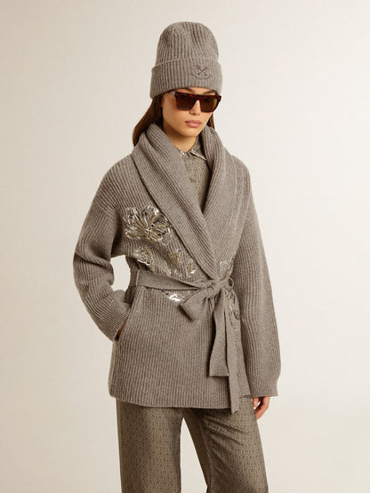 Women's cardigan in gray melange wool with embroidery on the front - Golden Goose Women
