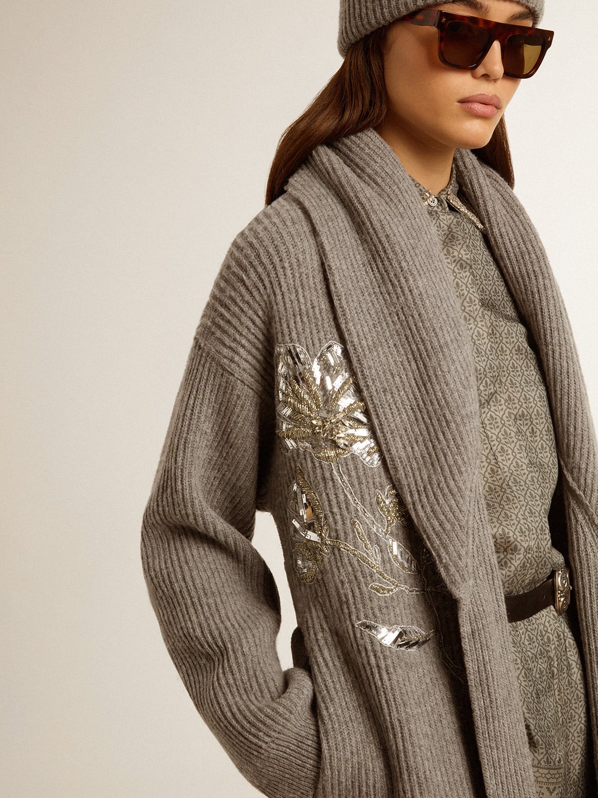 Women's cardigan in gray melange wool with embroidery on the front - Golden Goose Women