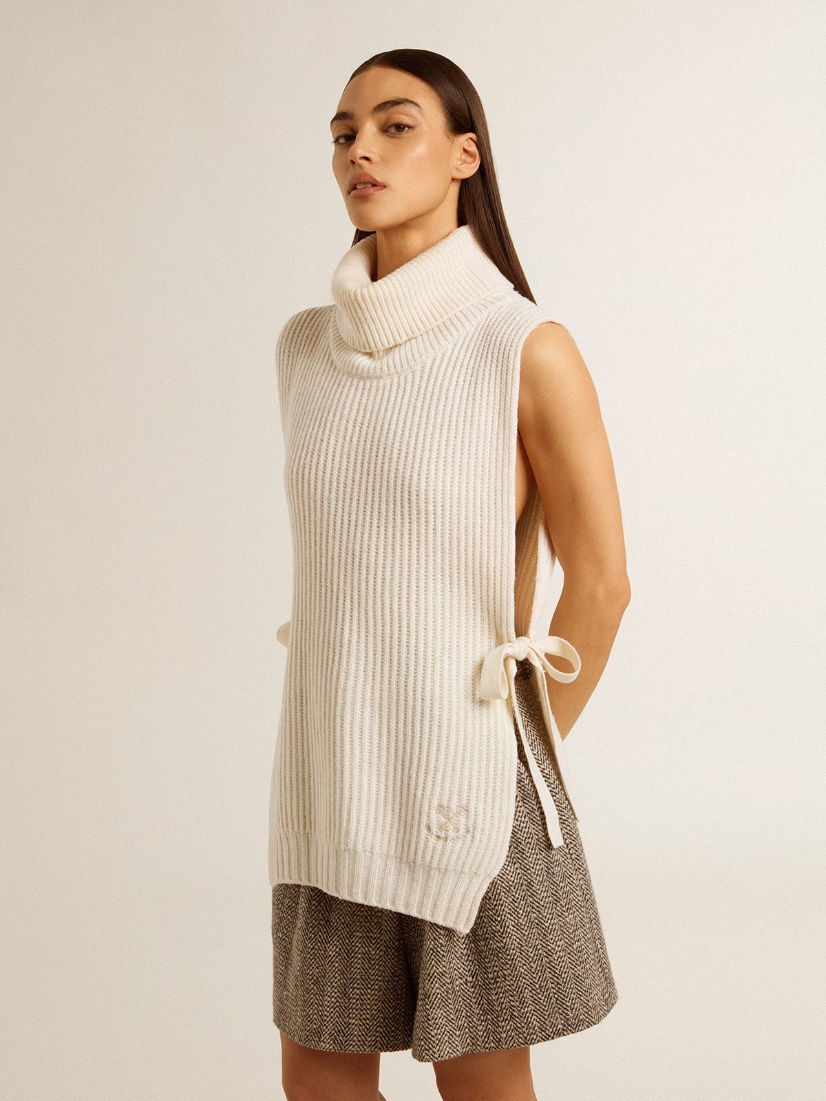 Unisex white high-neck sleeveless sweater in ribbed wool - Golden Goose Women|Men