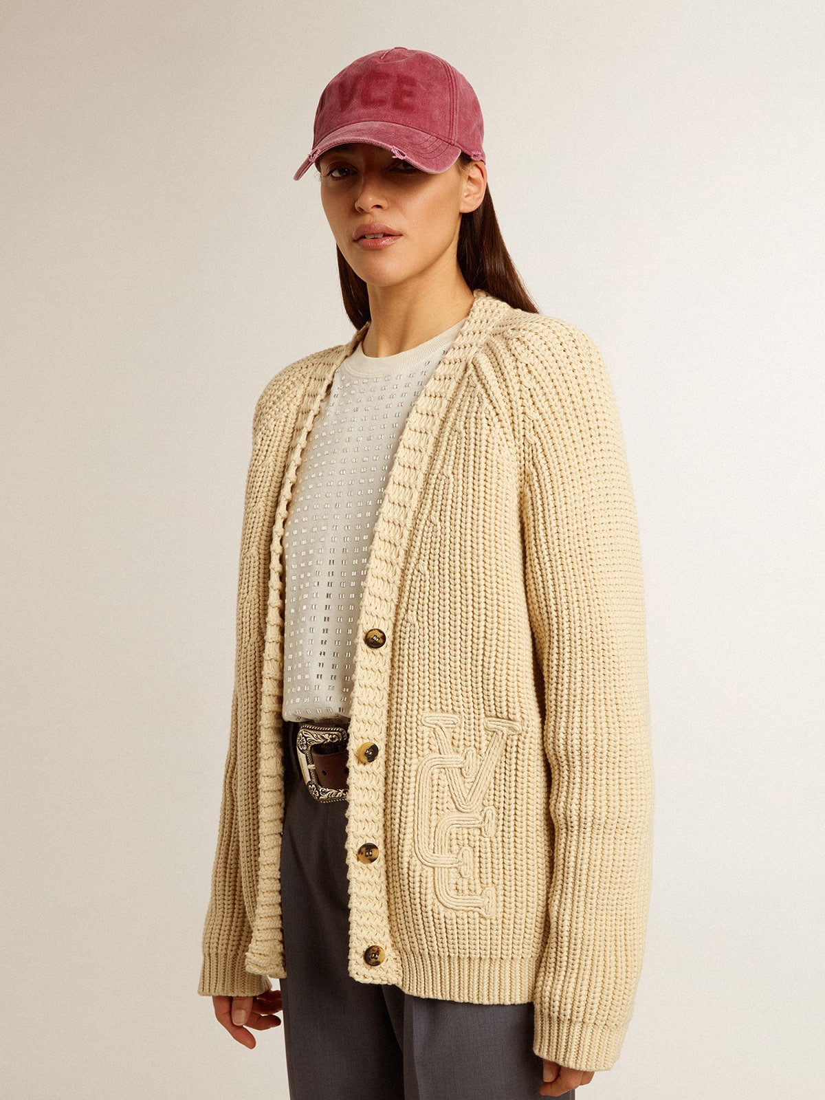 Women's cotton cardigan with embroidery on the front - Golden Goose Women