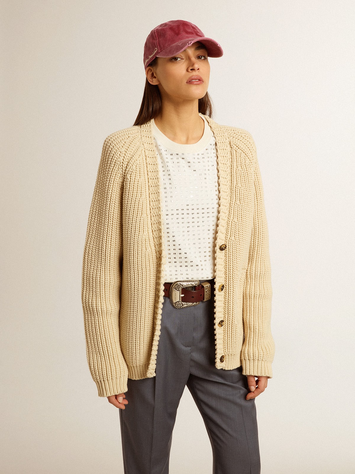 Women's cotton cardigan with embroidery on the front - Golden Goose Women