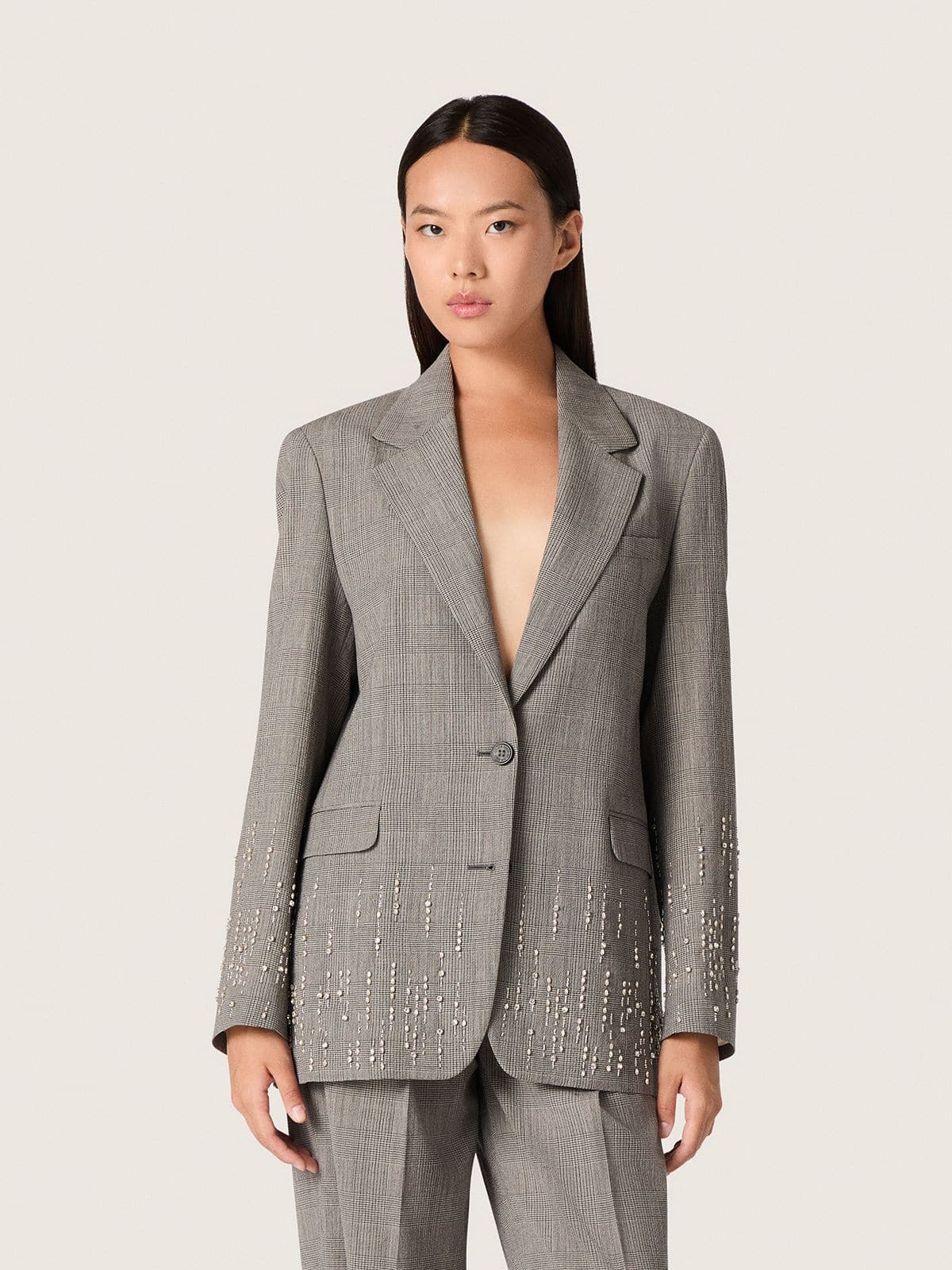 Women's jacket in gray Prince of Wales check with crystal embroidery - Golden Goose Women