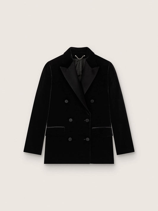 Women's double-breasted jacket in black velvet with black satin lapels - Golden Goose Women