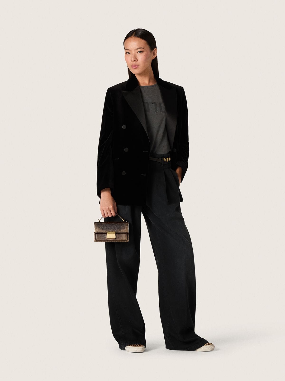 Women's double-breasted jacket in black velvet with black satin lapels - Golden Goose Women