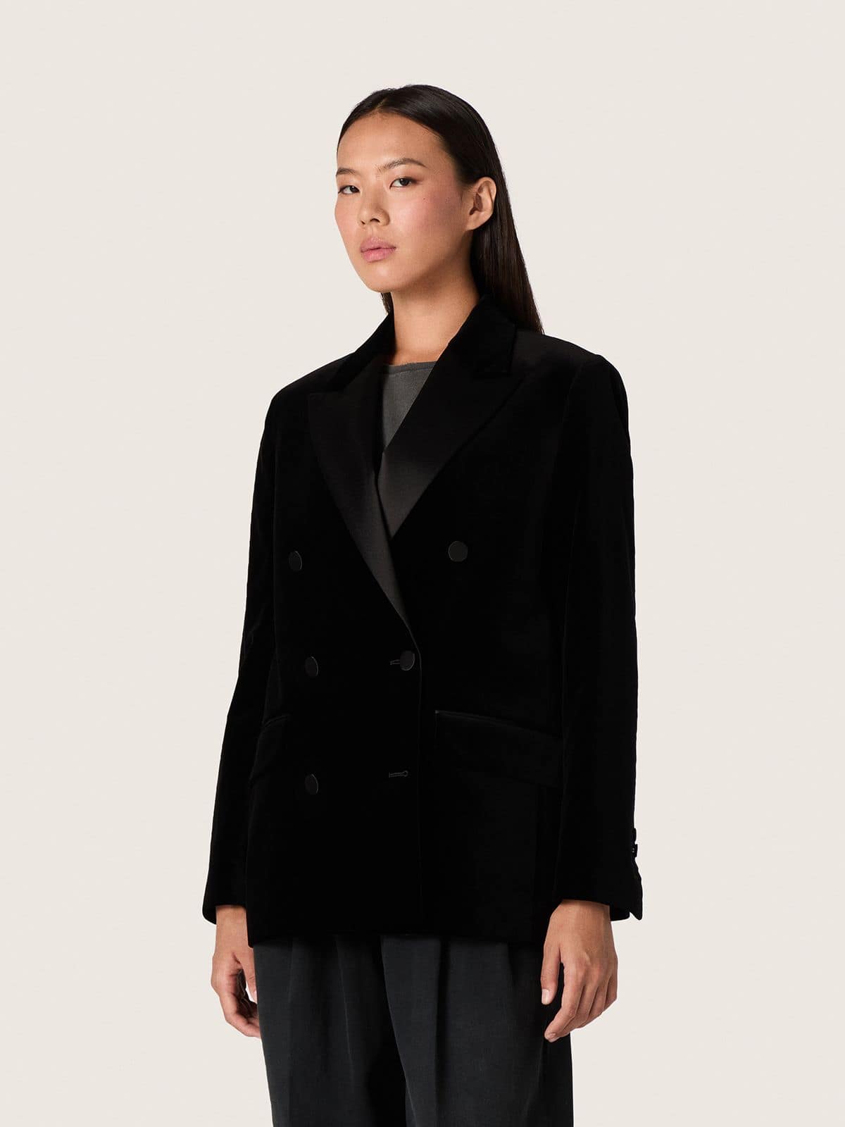 Women's double-breasted jacket in black velvet with black satin lapels - Golden Goose Women