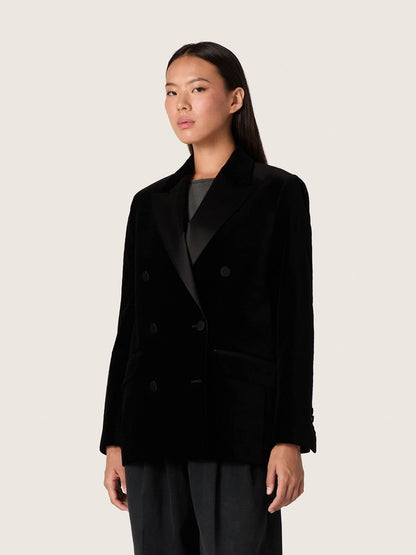Women's double-breasted jacket in black velvet with black satin lapels - Golden Goose Women