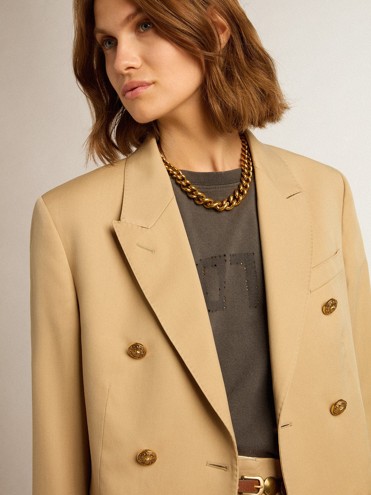Women’s double-breasted blazer in sand with gold heraldic buttons - Golden Goose Women