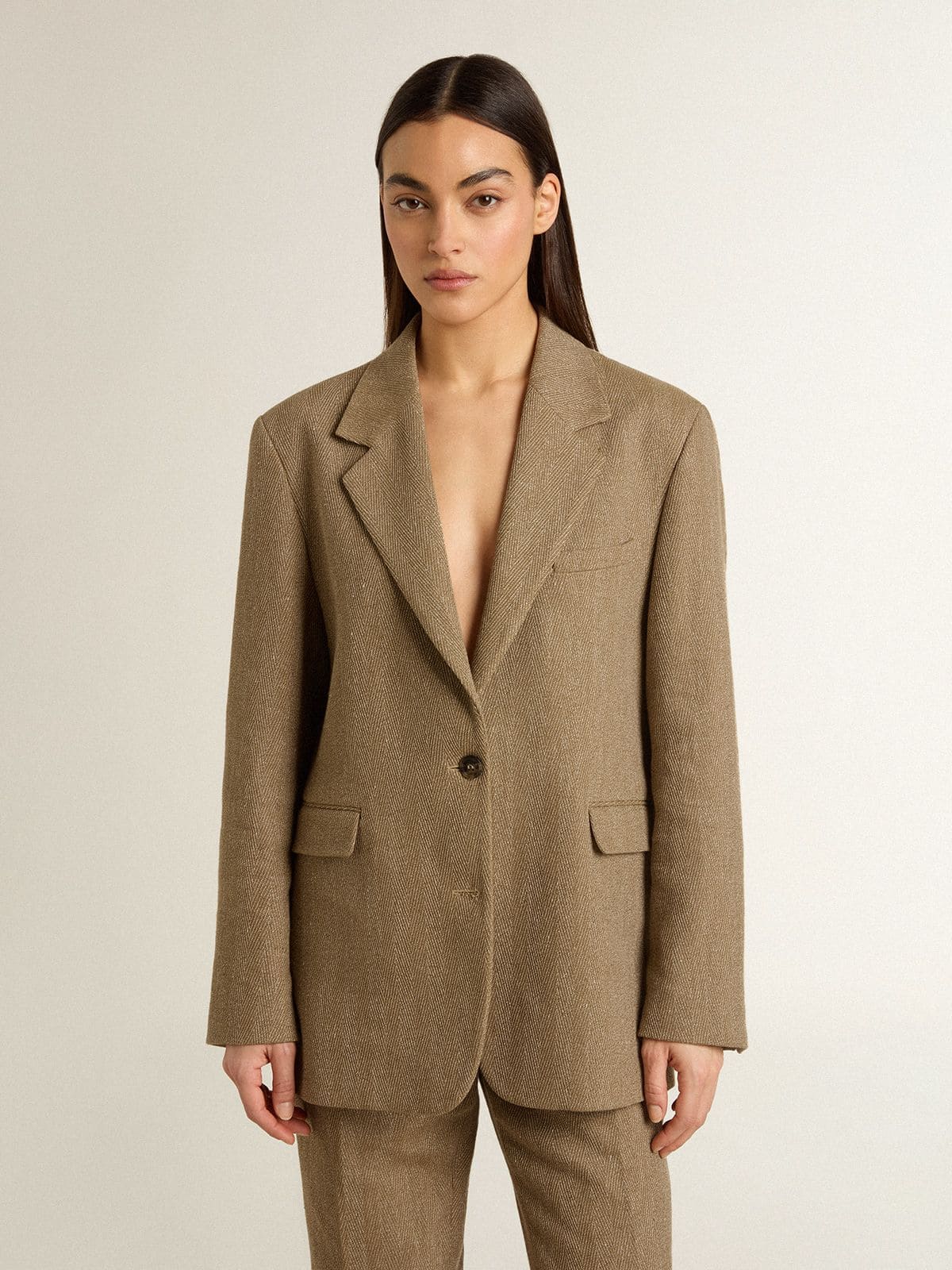 Women's single-breasted blazer in sand-colored herringbone - Golden Goose Women