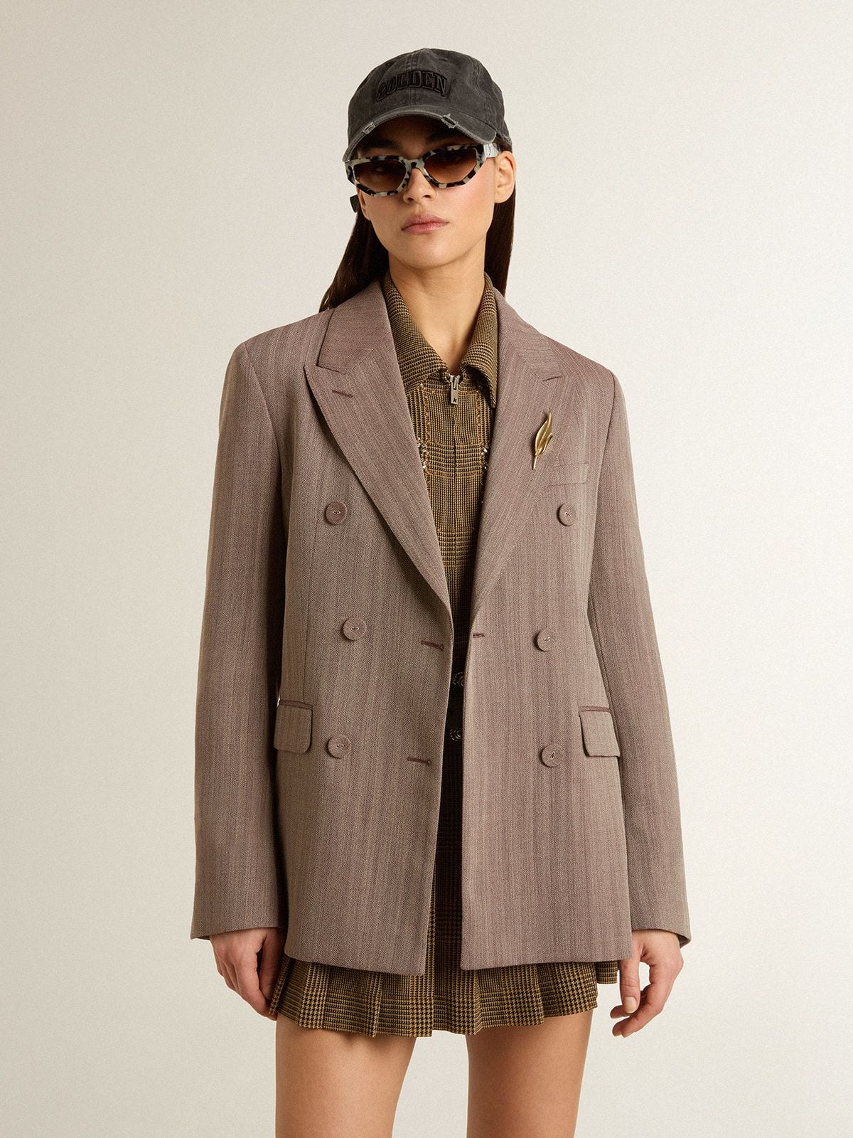 Women's double-breasted blazer in beige chevron wool blend - Golden Goose Women
