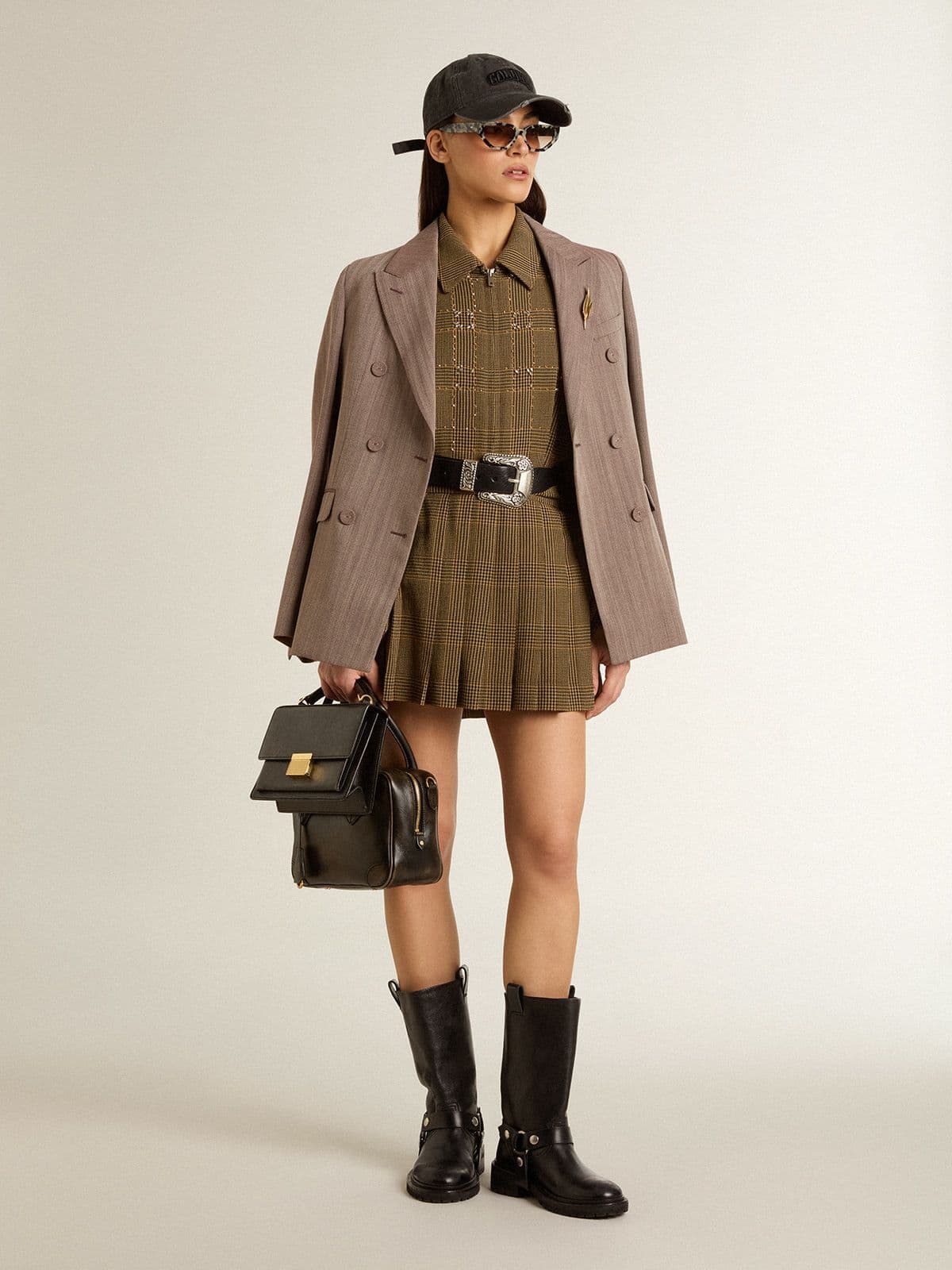Women's double-breasted blazer in beige chevron wool blend - Golden Goose Women