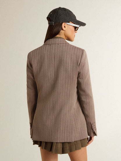 Women's double-breasted blazer in beige chevron wool blend - Golden Goose Women