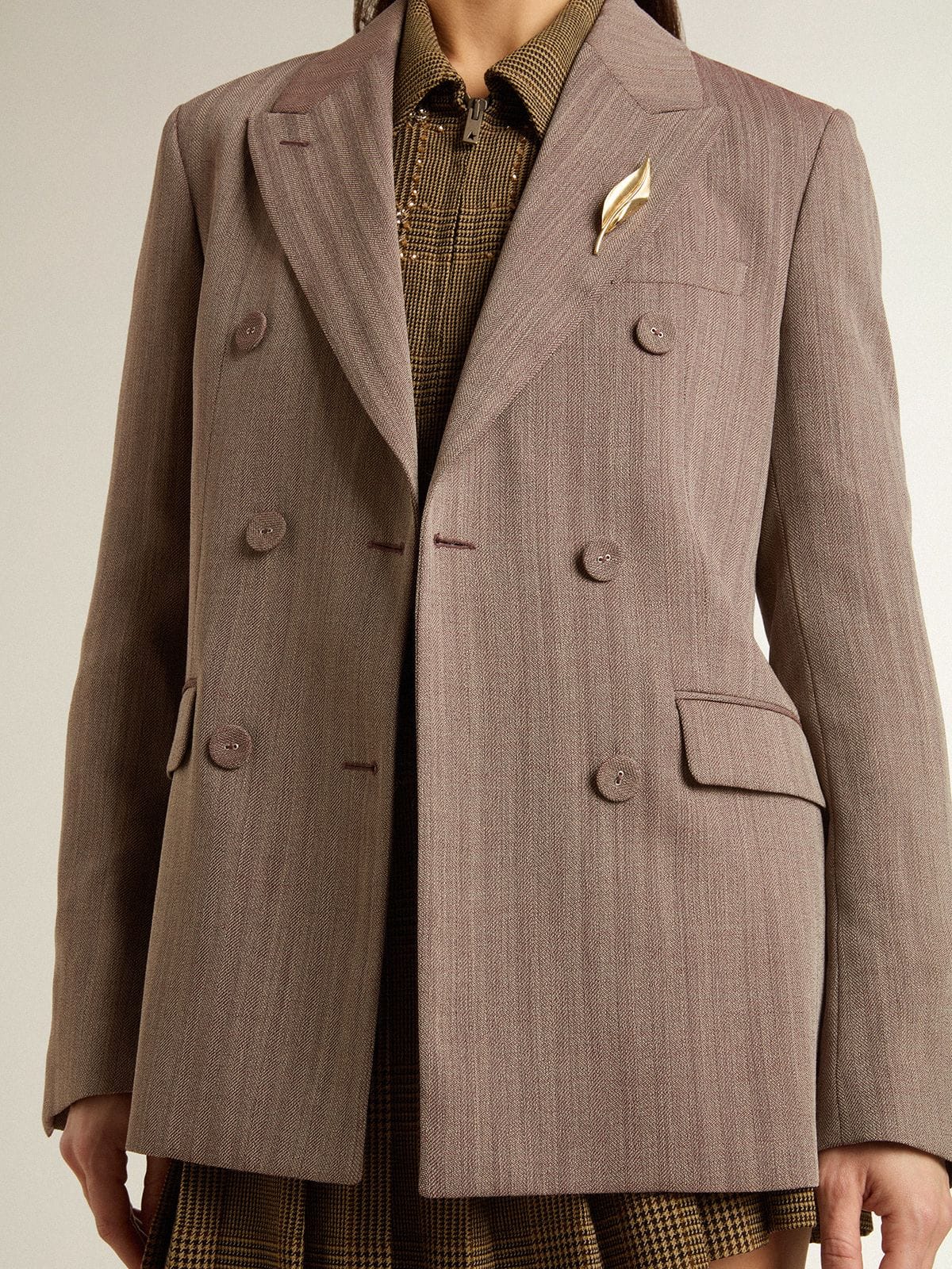 Women's double-breasted blazer in beige chevron wool blend - Golden Goose Women