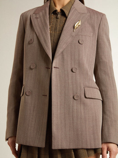 Women's double-breasted blazer in beige chevron wool blend - Golden Goose Women