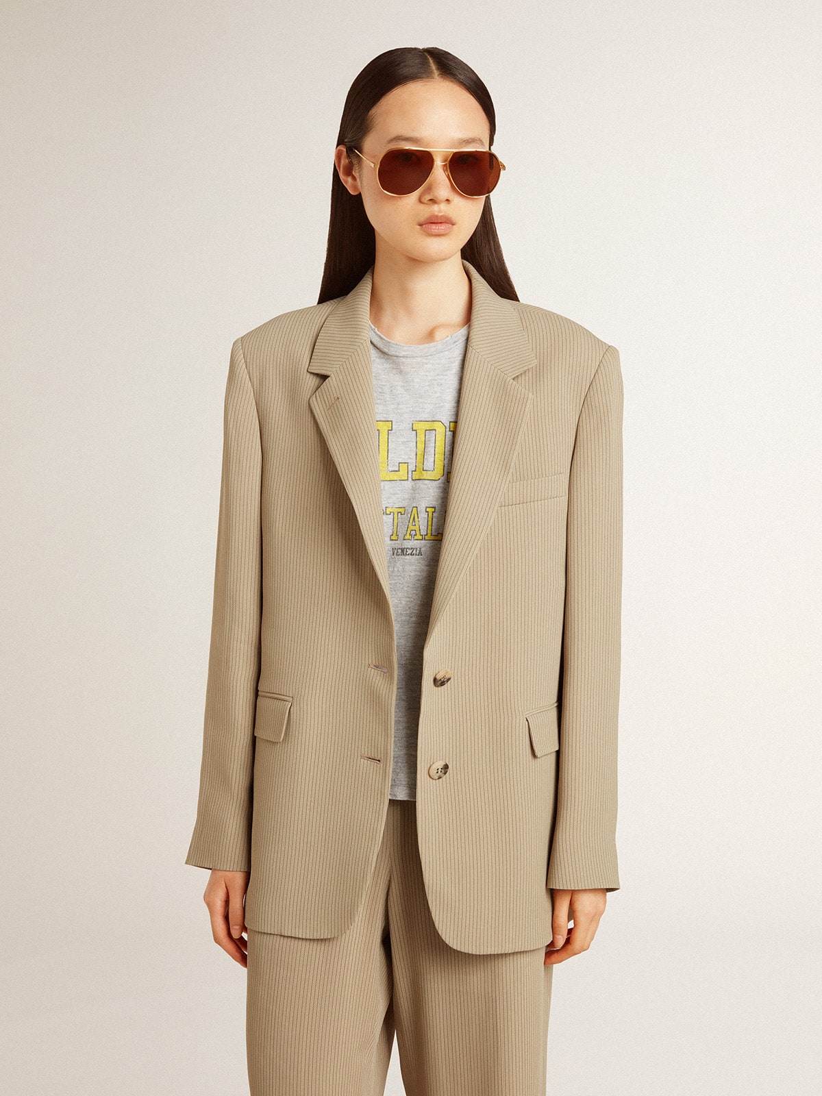 Women's beige pinstripe single-breasted jacket with an oversized fit - Golden Goose Women