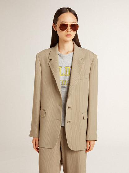 Women's beige pinstripe single-breasted jacket with an oversized fit - Golden Goose Women
