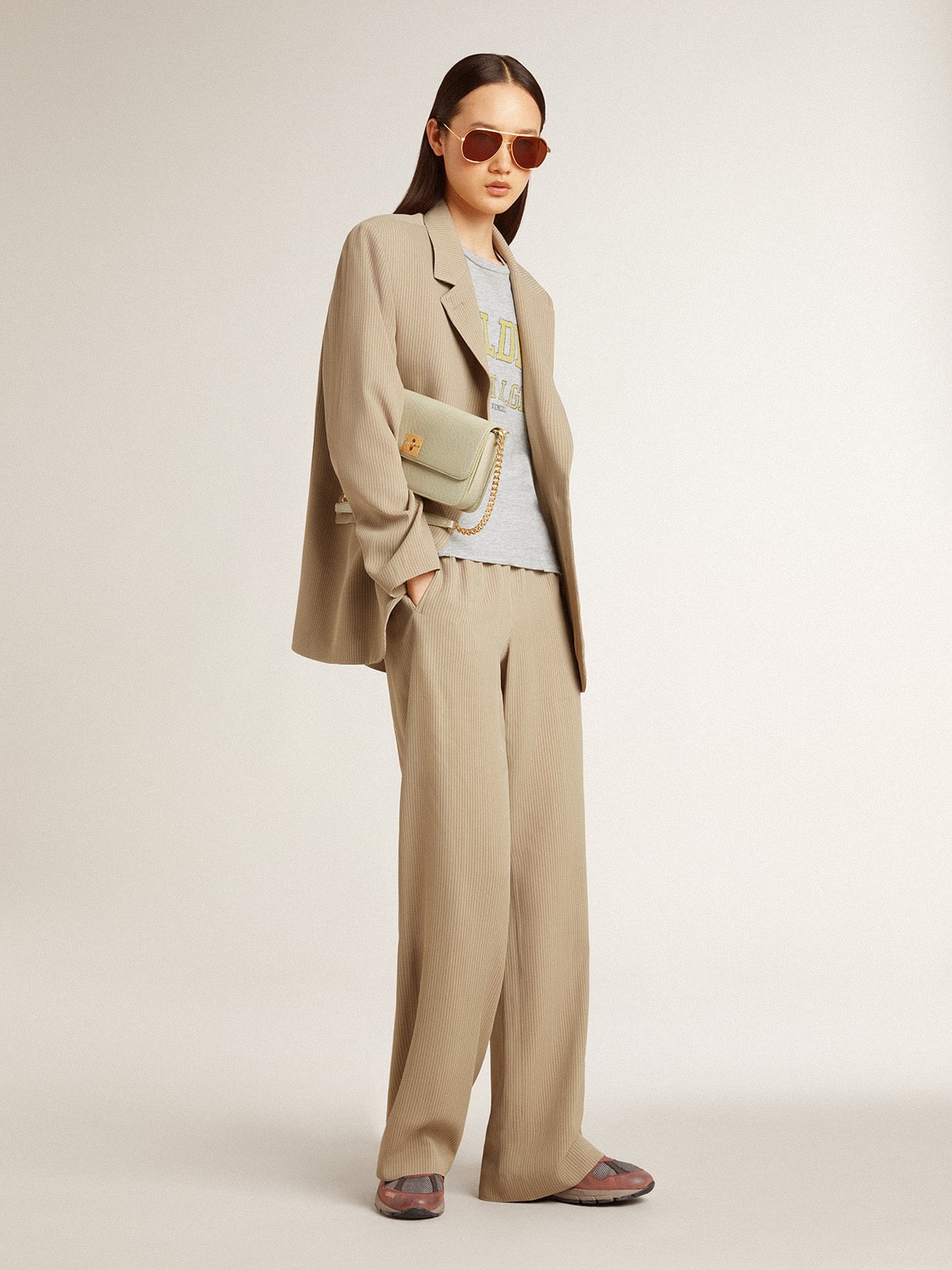 Women's beige pinstripe single-breasted jacket with an oversized fit - Golden Goose Women