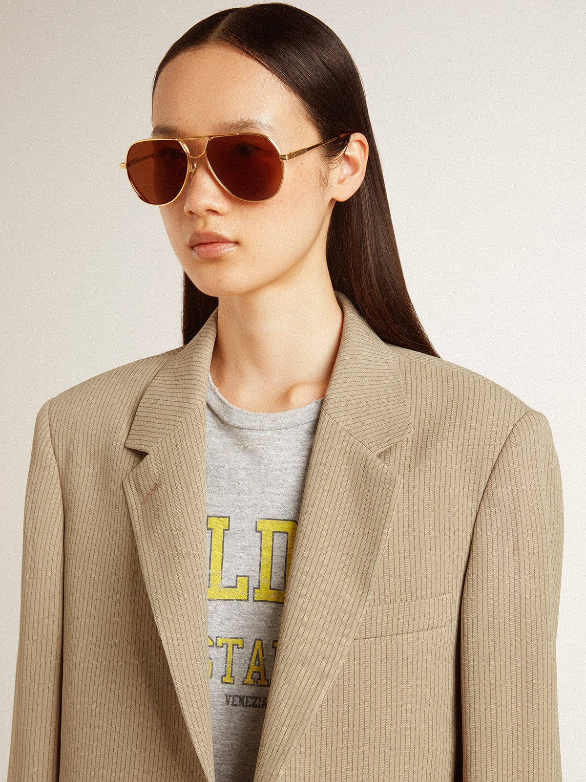 Women's beige pinstripe single-breasted jacket with an oversized fit - Golden Goose Women
