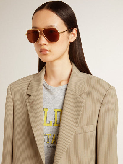 Women's beige pinstripe single-breasted jacket with an oversized fit - Golden Goose Women