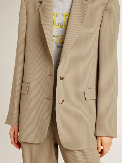 Women's beige pinstripe single-breasted jacket with an oversized fit - Golden Goose Women