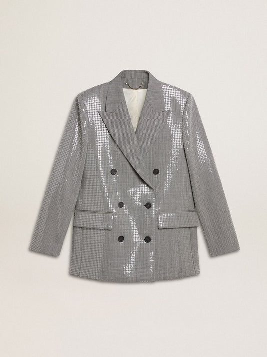 Double-breasted wool boyfriend jacket in micro houndstooth and sequins - Golden Goose Women