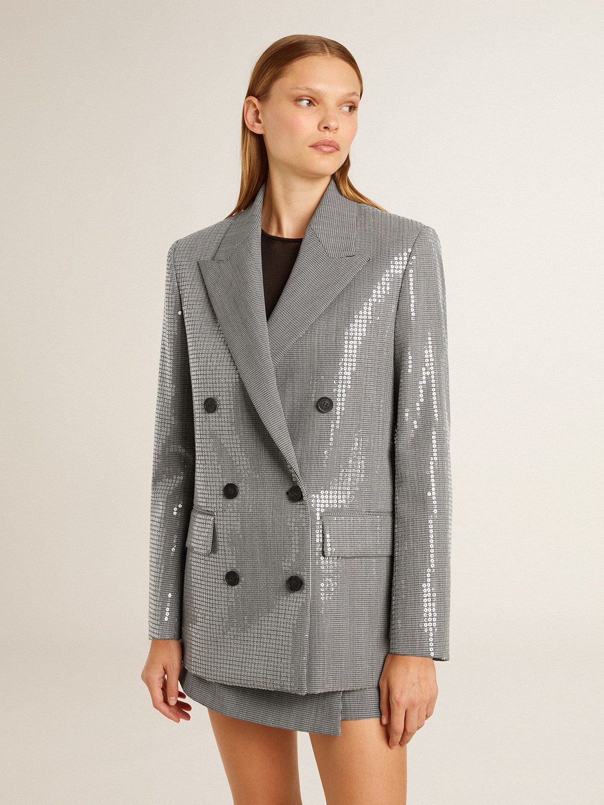 Double-breasted wool boyfriend jacket in micro houndstooth and sequins - Golden Goose Women