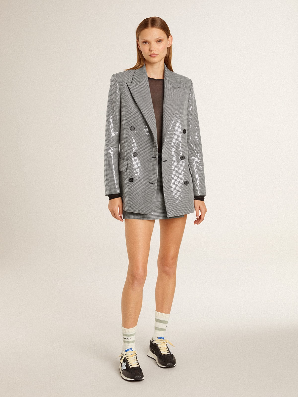 Double-breasted wool boyfriend jacket in micro houndstooth and sequins - Golden Goose Women