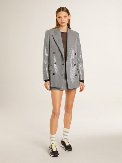 Double-breasted wool boyfriend jacket in micro houndstooth and sequins - Golden Goose Women