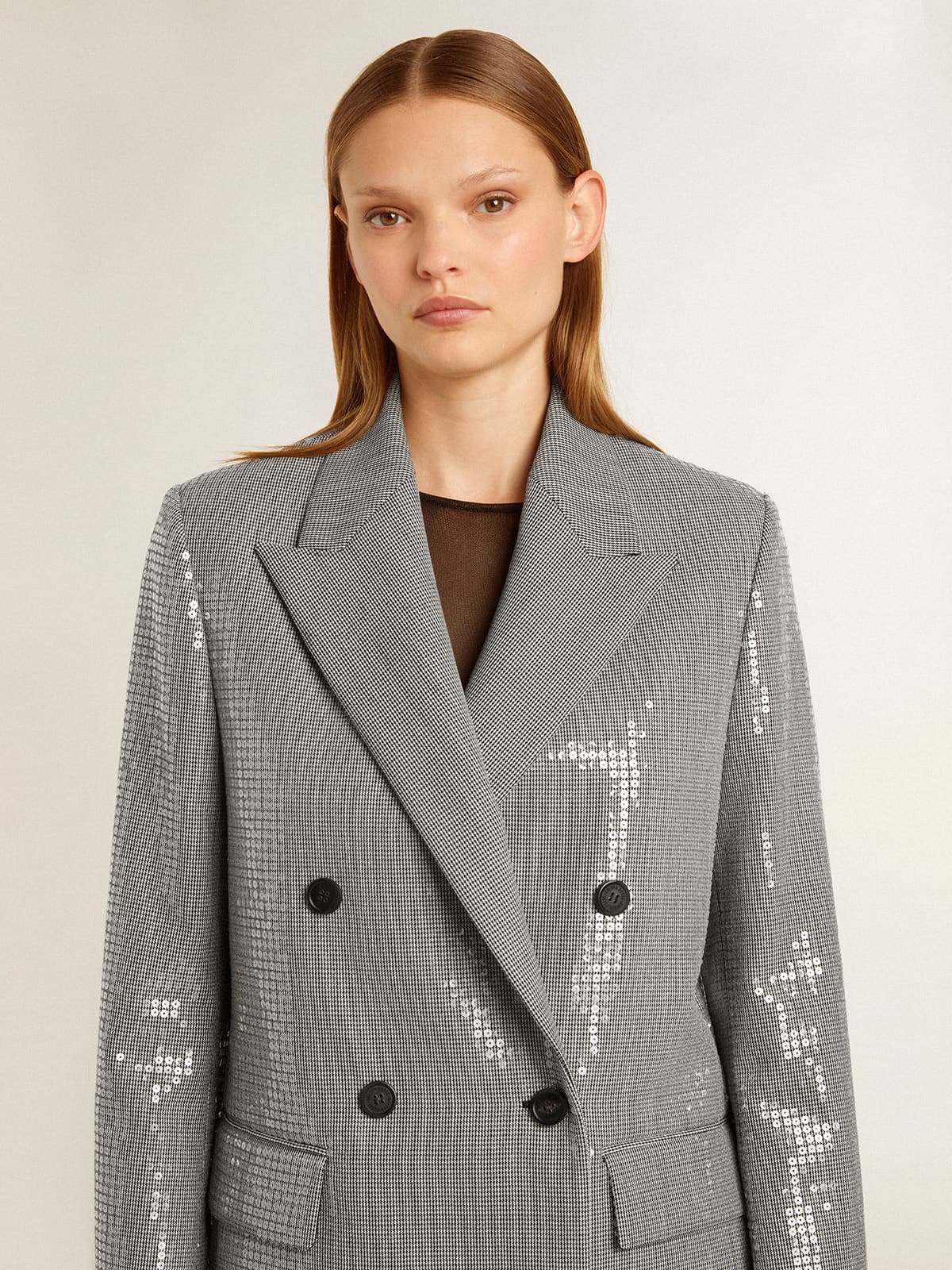 Double-breasted wool boyfriend jacket in micro houndstooth and sequins - Golden Goose Women