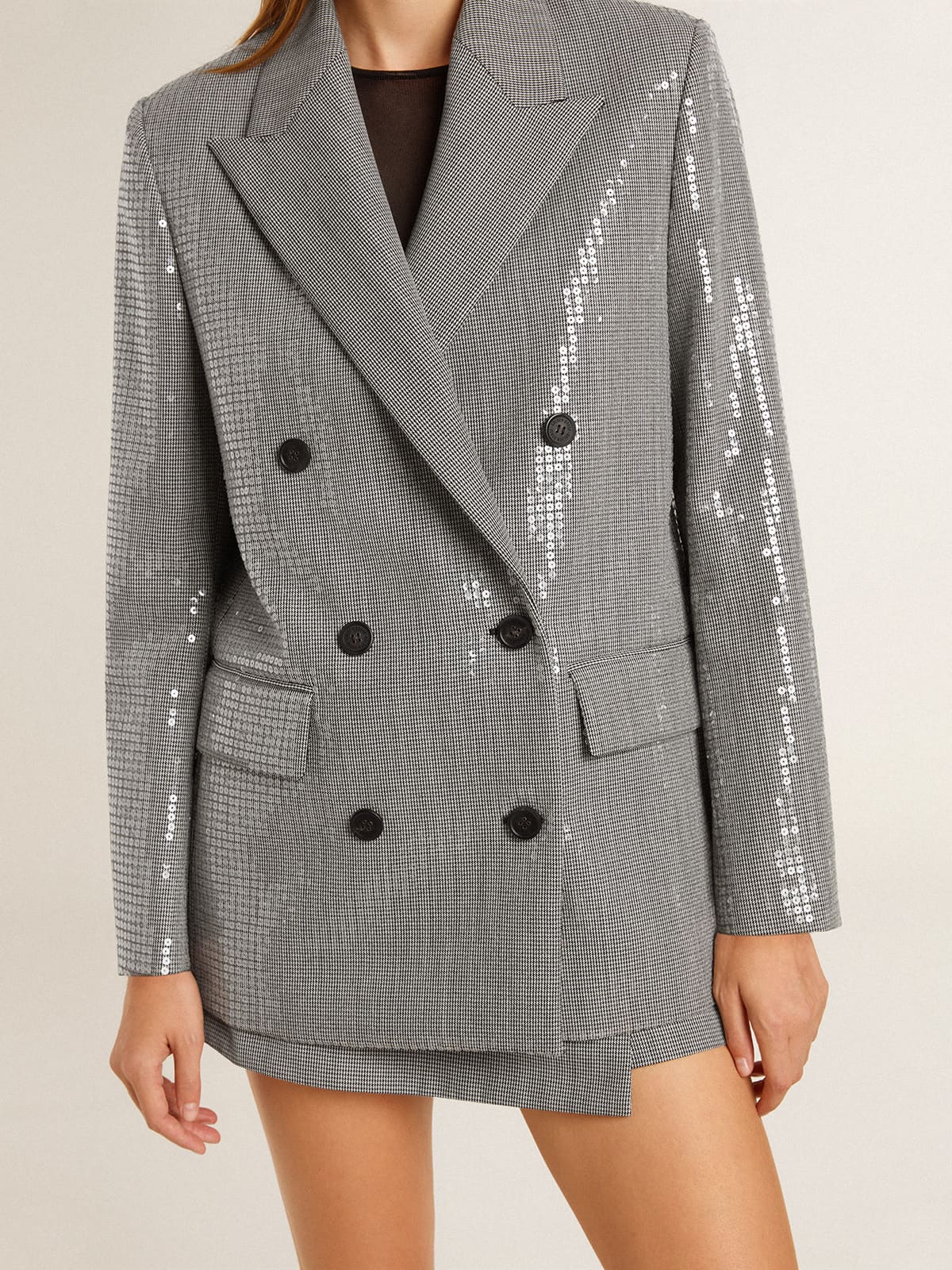 Double-breasted wool boyfriend jacket in micro houndstooth and sequins - Golden Goose Women