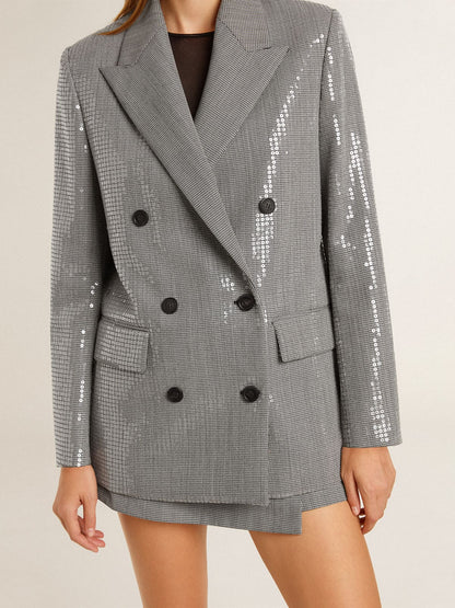 Double-breasted wool boyfriend jacket in micro houndstooth and sequins - Golden Goose Women