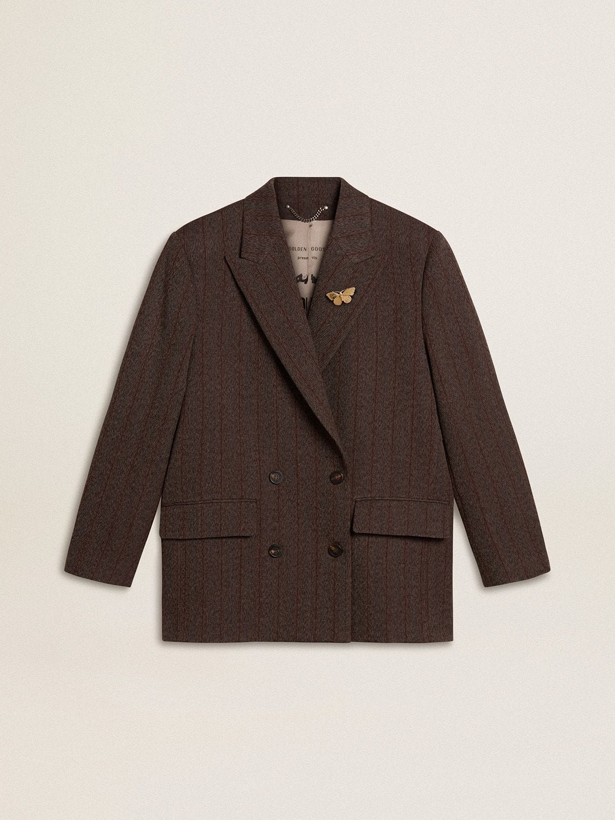 Women's double-breasted blazer in dark brown wool with thin stripe pattern - Golden Goose Women