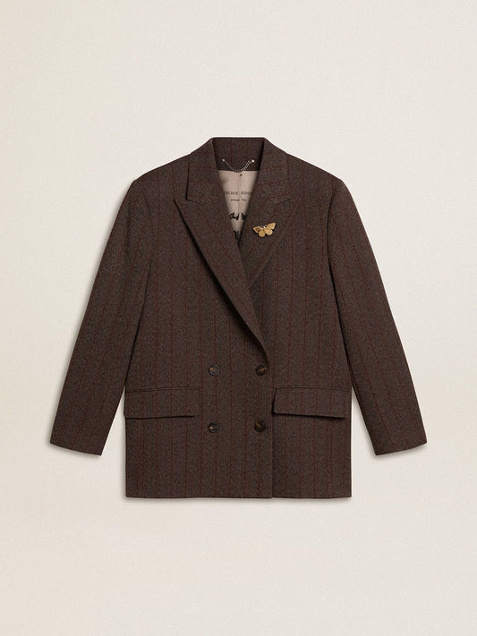 Women's double-breasted blazer in dark brown wool with thin stripe pattern - Golden Goose Women