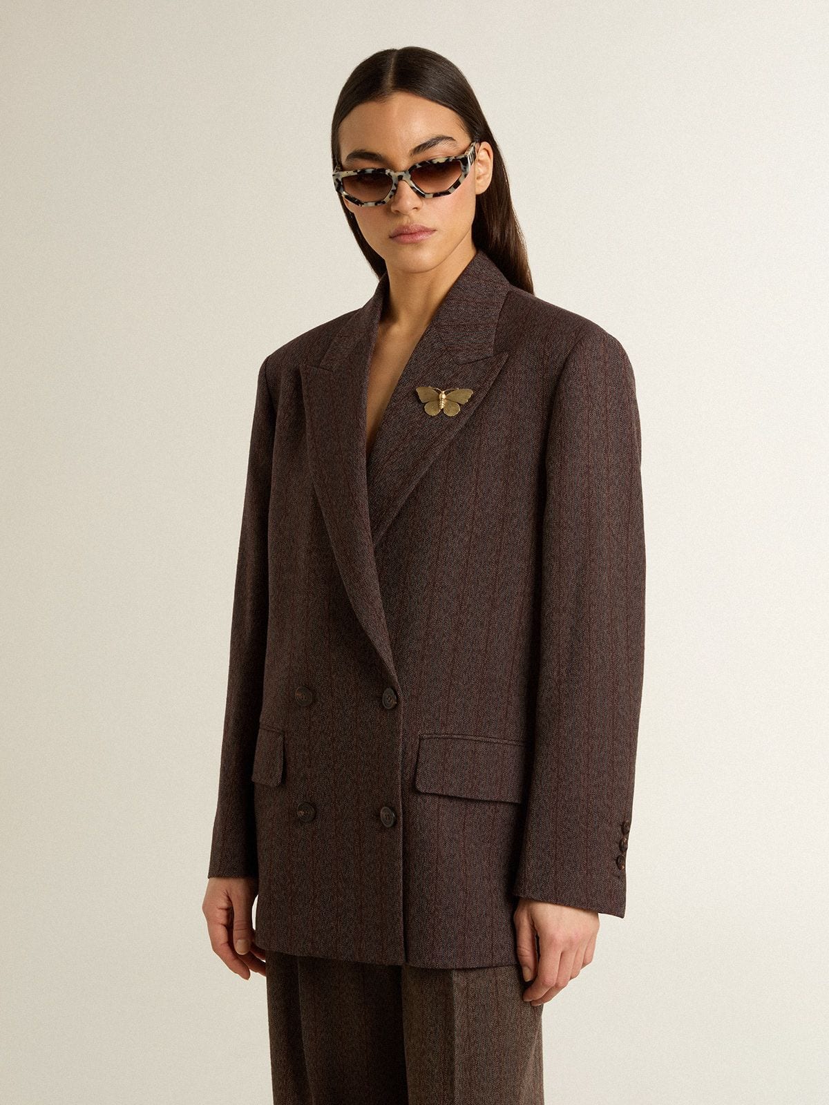 Women's double-breasted blazer in dark brown wool with thin stripe pattern - Golden Goose Women