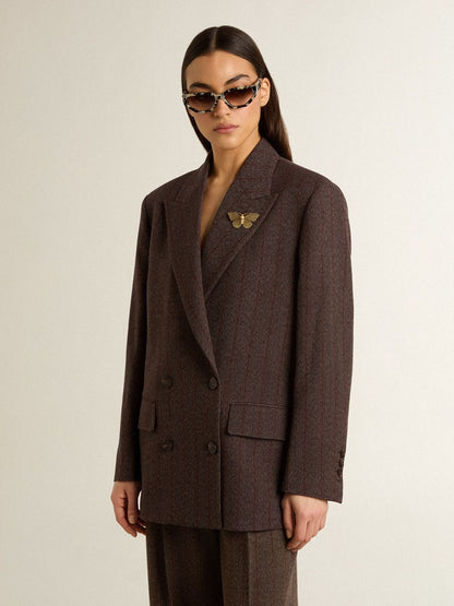 Women's double-breasted blazer in dark brown wool with thin stripe pattern - Golden Goose Women