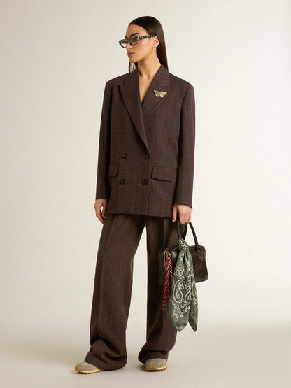 Women's double-breasted blazer in dark brown wool with thin stripe pattern - Golden Goose Women