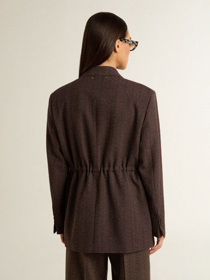 Women's double-breasted blazer in dark brown wool with thin stripe pattern - Golden Goose Women