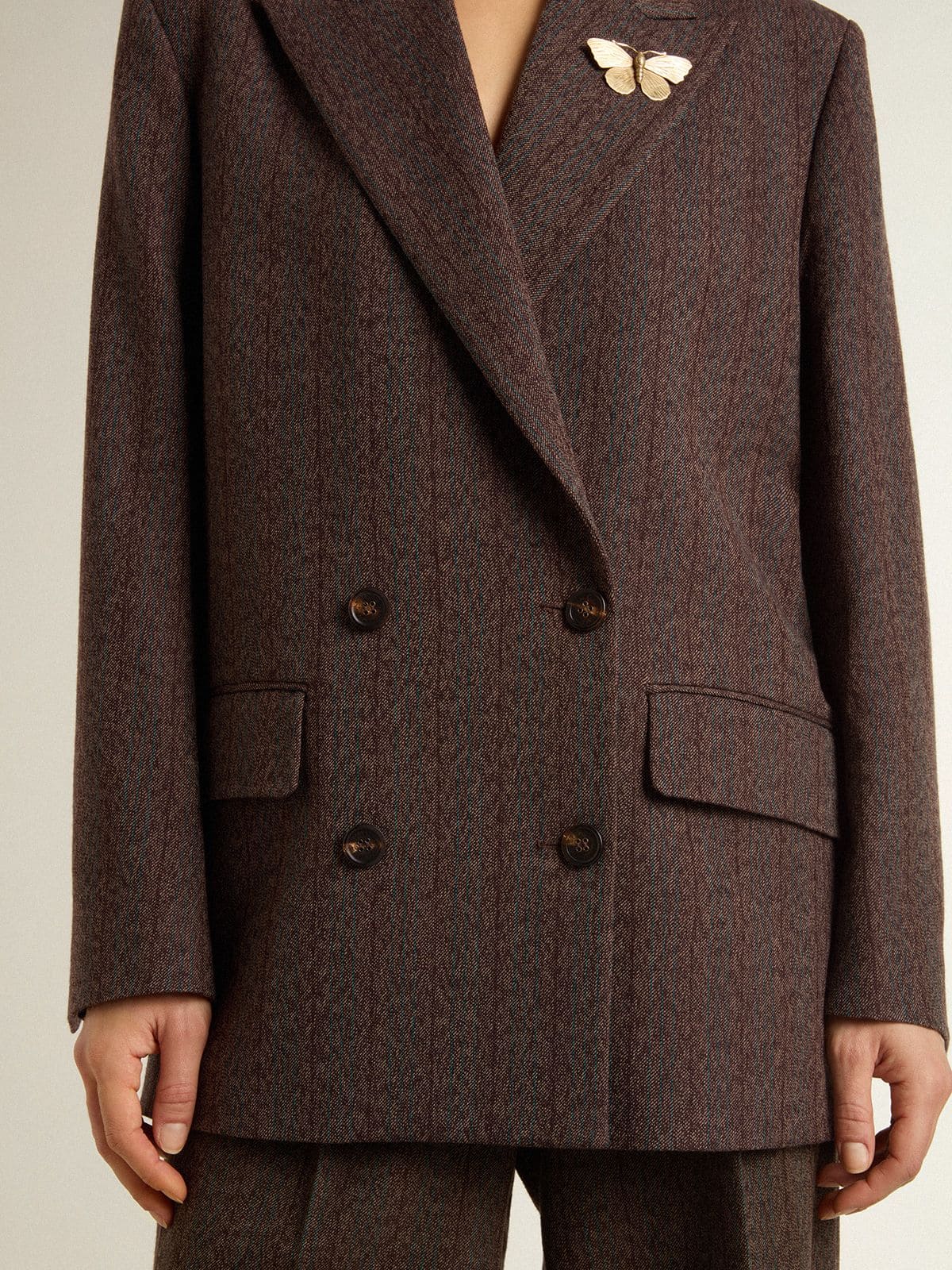 Women's double-breasted blazer in dark brown wool with thin stripe pattern - Golden Goose Women