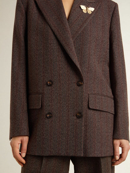 Women's double-breasted blazer in dark brown wool with thin stripe pattern - Golden Goose Women
