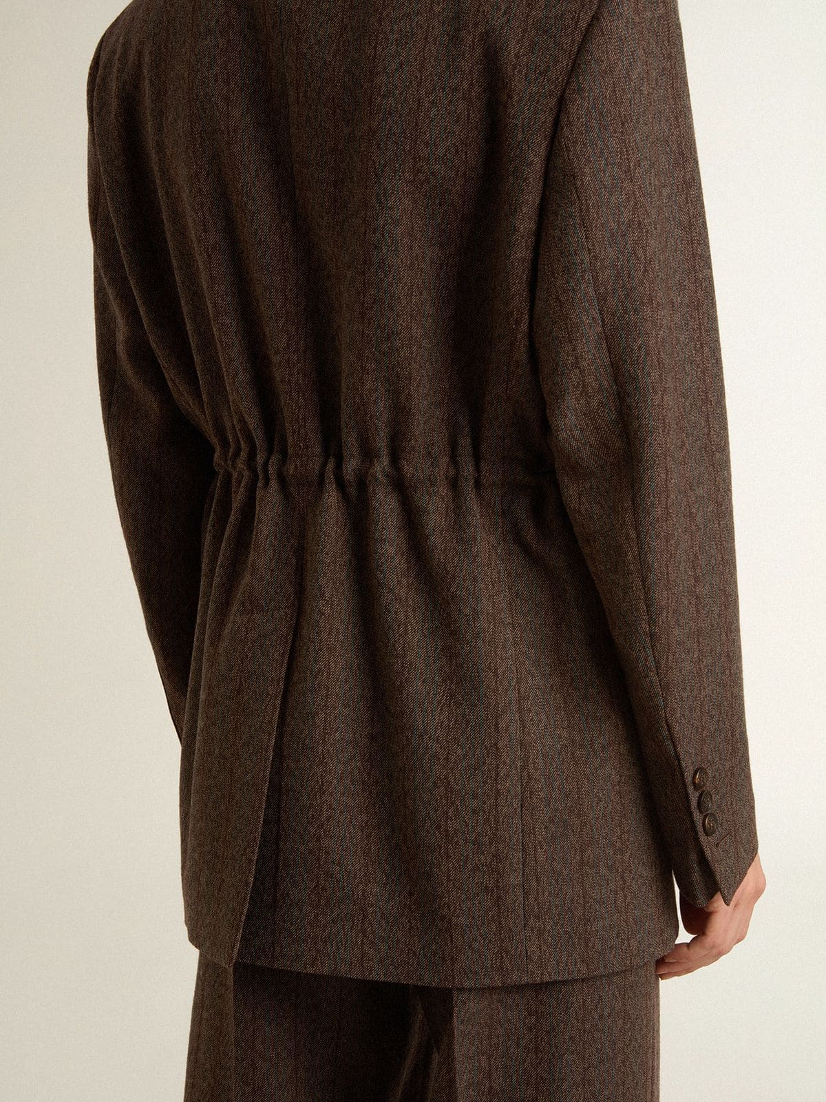 Women's double-breasted blazer in dark brown wool with thin stripe pattern - Golden Goose Women