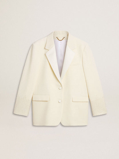 Single-breasted oversize jacket in white with silk effect and embroidery - Golden Goose Women