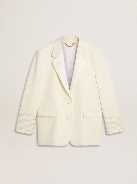 Single-breasted oversize jacket in white with silk effect and embroidery - Golden Goose Women
